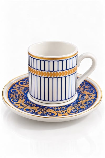 12 Parça 6lı Çizgi/Çini Desenli Yıldız Motifli Fincan Takımı Beyaz