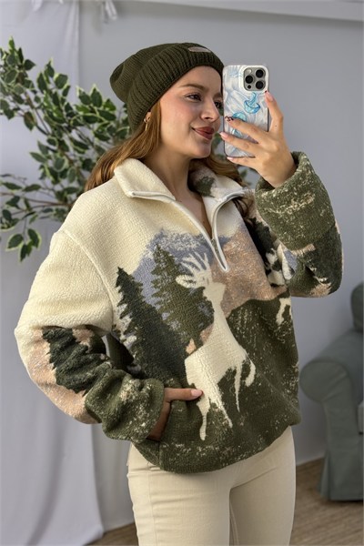 Kadın Desenli Dik Yaka Yarım Fermuarlı Polar Swearshirt Yeşil