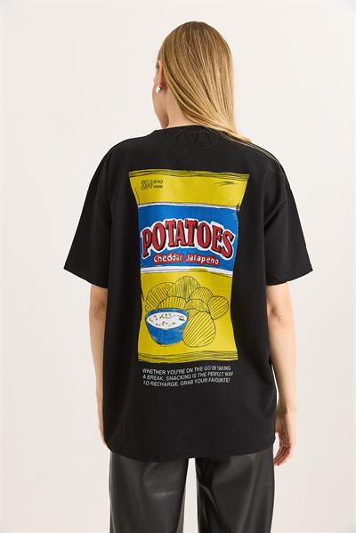 Rahat Kesim Baskılı Kadın Tshirt Siyah