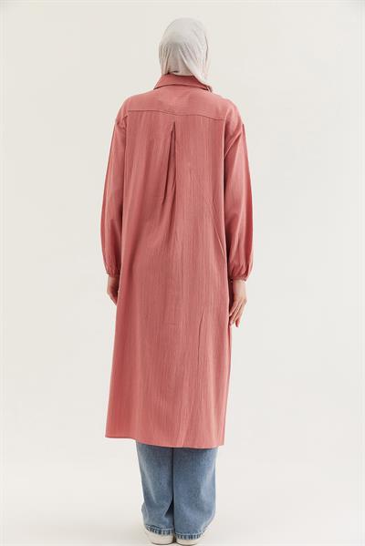 Keten Düğmeli Uzun Tesettür Tunik Gül Kurusu