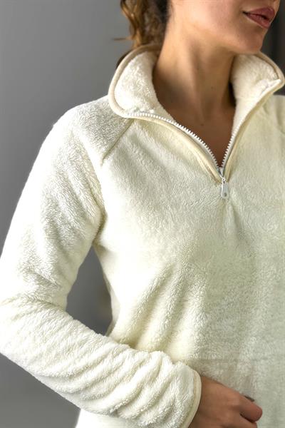 Kadın Yarım Fermuarlı  Welsoft Peluş Ekru Sweatshirt 