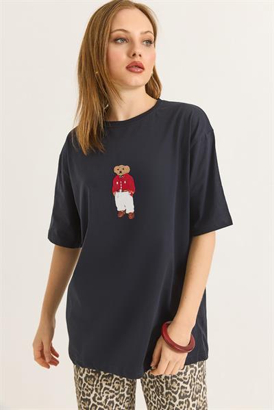 Ayıcık Nakışlı Rahat Kalıplı Tshirt  Antrasit