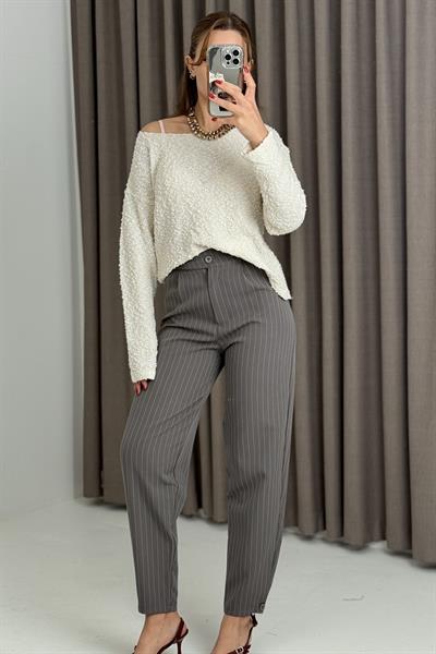 Kemeri Çift Düğmeli Çizgili Palazzo Pantolon Füme