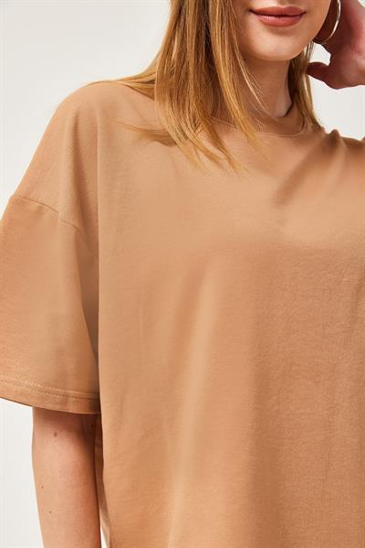 Basic Bisiklet Yaka Tshirt Bej