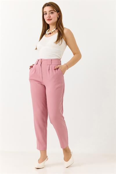 Kadın Havuç Model Yüksek Bel Kalın Kemerli Pantolon Pembe 