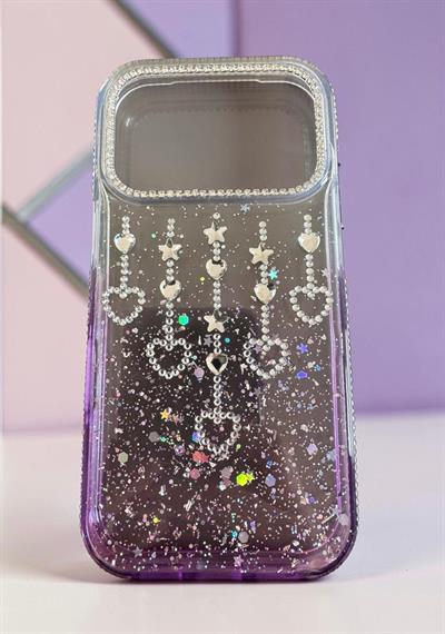 İphone 17 Pro Max Uyumlu Şeffaf ve Mor Geçişli Kalp-Yıldız Taşlı KILIF Mor