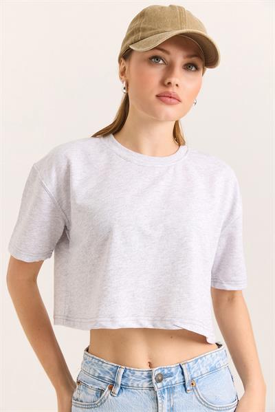 Bisiklet Yaka Havalı Crop İki İp Tshirt Açık Gri