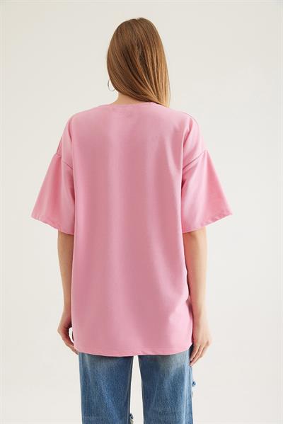 Bisiklet Yaka Oversize Baskılı Tshirt Pembe