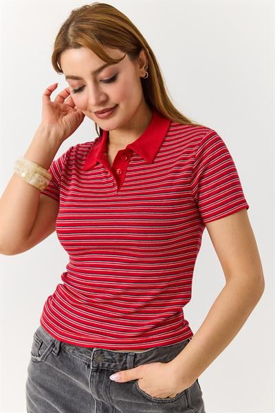 Polo Yaka Düğmeli Çizgili Kısa Kollu Tshirt Kırmızı