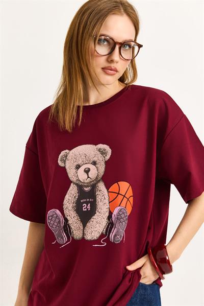 Ayıcık Baskılı Bisiklet Yaka Tshirt  Bordo