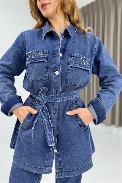 Kuşaklı Cepleri Taş Detaylı Pantolon Tunik Jean Takım