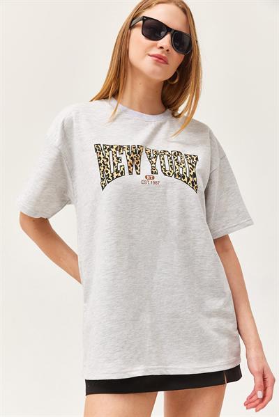 Bisiklet Yaka Oversize Tshirt Gri