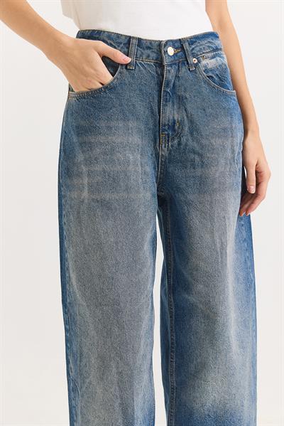 Kadın Bol Kesik Paça Şık Kot Pantalon  Mavi