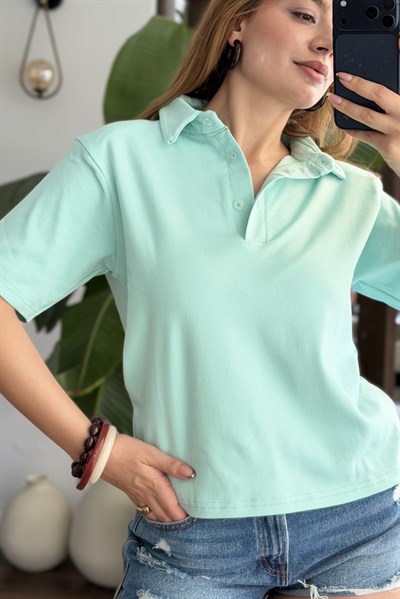 Kadın Vatkalı Polo Yaka Tshirt Yeşil