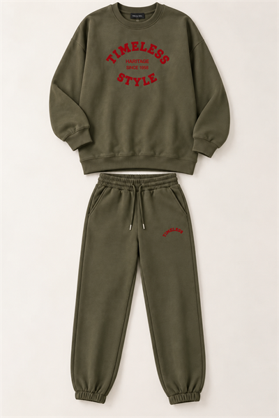 Kadın Ayıcık Baskılı Bisiklet Yaka Oversize Sweatshirt Haki