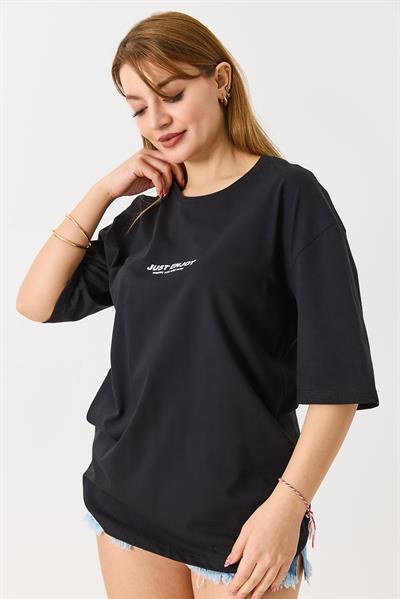 Kadın Yazı Baskılı Bisiklet Yaka Tshirt Siyah