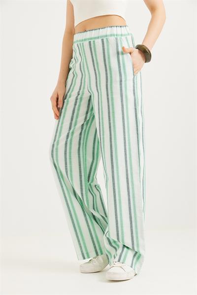 Beli Lastikli Rahat Kesim Keten Pantolon Yeşil