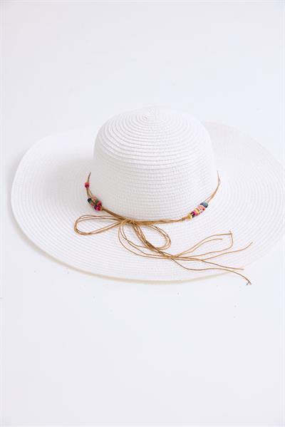 Boncuk Detaylı Hasır Kadın Plaj Havuz Çantası Beyaz