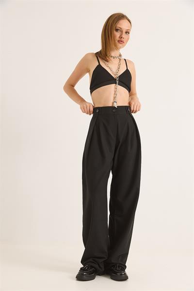 Bol Kesim Dökümlü Palazzo Pantolon Siyah