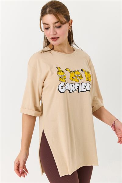 Kadın Garfield Baskılı Yanları Yırtmaçlı Bisiklet Yaka Tshirt Krem