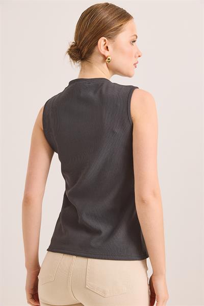 Bisiklet Yaka Gold Düğmeli Ottoman Fitilli Bluz Füme