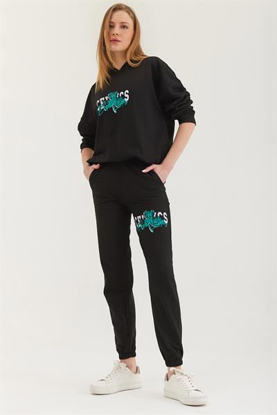 Kapüşonlu Baskılı Eşofman Takım Siyah