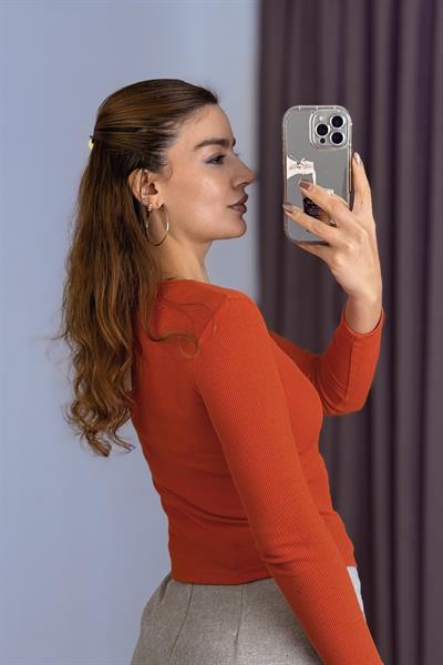 Kadın Fitilli Kare Yaka Uzun Kollu Bluz  Turuncu