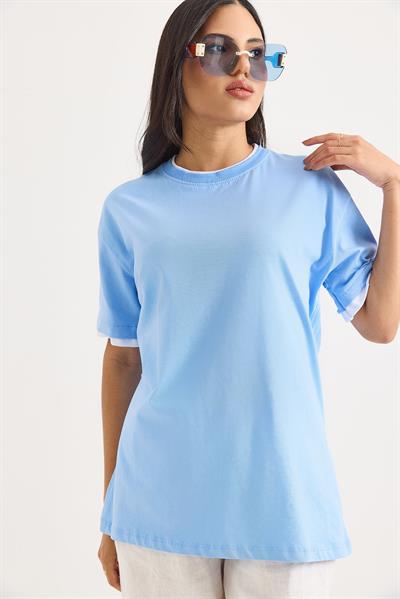 Bisiklet Yaka Kolları Garnili Kadın T-shirt Mavi