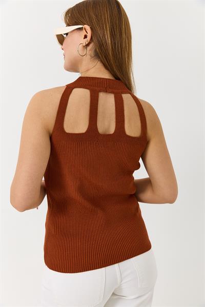 Kadın Esnek Triko Kahverengi Modern Kesim Detaylı Bluz 
