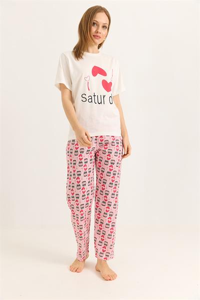 Bisiklet Yaka Beli Lastikli Pijama Takım Pembe