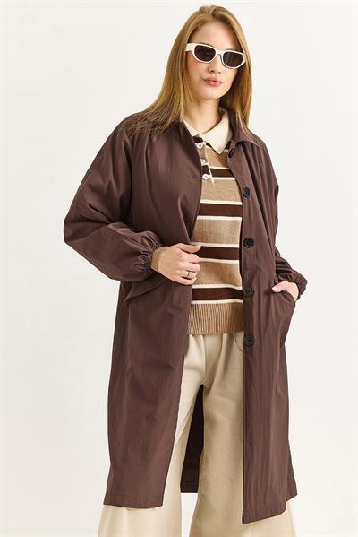 Oversize Hafif Modern Düğmeli Trençkot Kahverengi