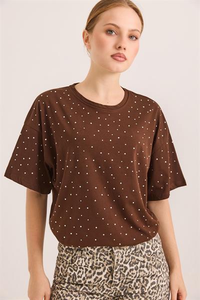 Taş Detaylı Rahat Kalıp Premium Pamuk Tshirt	Kahve