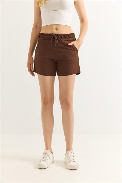 Beli Lastikli Fit Kadın Şort Kahverengi