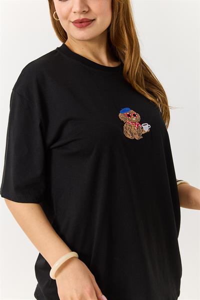 Kadın Nakışlı Bisiklet Yaka Tshirt Siyah