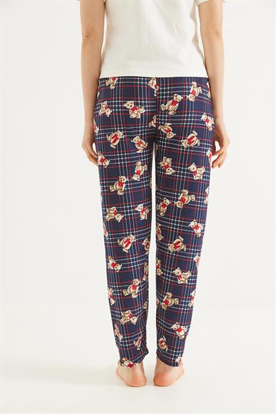 Ayıcık Basklı Ekose Desen Pijama Altı Lacivert