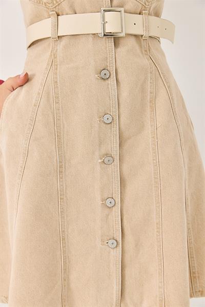 Kemerli Önden Düğmeli Kolsuz Denim Elbise