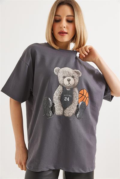 Ayıcık Baskılı Bisiklet Yaka Tshirt Füme