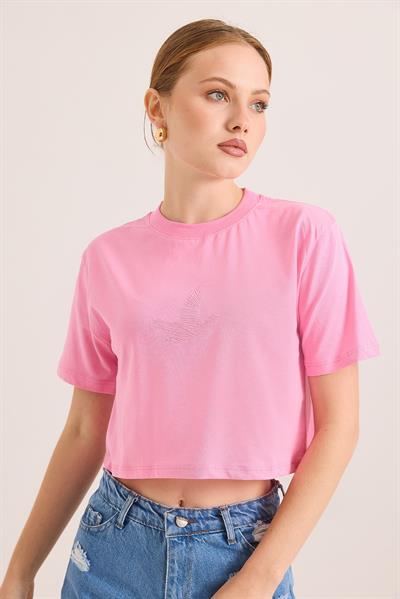 Karikatür Kuş Kabartma Baskılı Örme Crop Tshirt Pembe