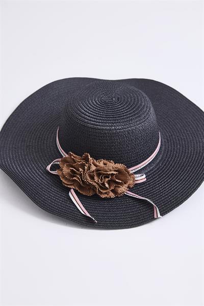 Aksesuarlı Hasır Kadın Plaj Havuz Bahçe Şapkası Siyah