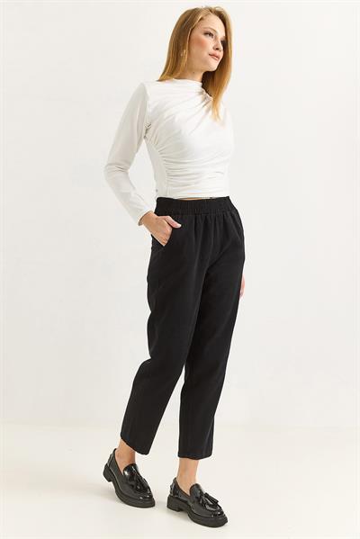 Kadın Elastan Kemerli Mom Pantalon Siyah