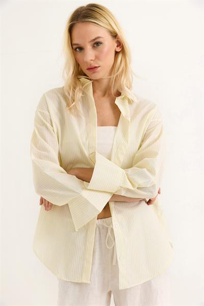 Çizgi Desenli  Rahat Kesim Kadın Gömlek  Sarı