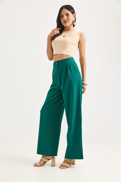 Yüksek Bel Bol Paça Pantalon Yeşil