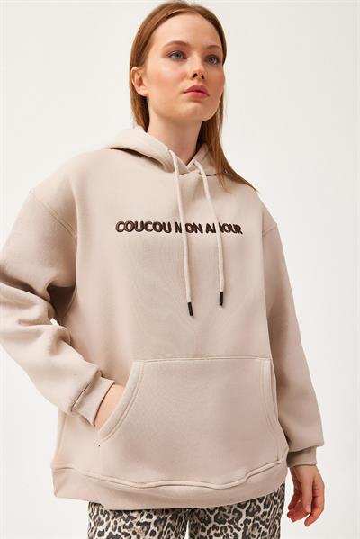 Oversize Kapüşonlu Kanguru Cepli Sweatshirt Bej