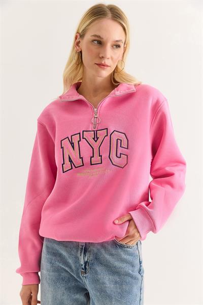 Nyc Nakışlı Fermuar Detaylı Dik Yaka Oversize Sweatshirt Pembe