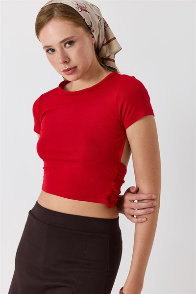 Kadın Bisiklet Yaka Sırt Dekolteli Crop Bluz Kırmızı