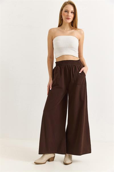 Kadın Pantalon Geniş Paça Cepleri Dikiş Detaylı  Pantalon Kahverengi