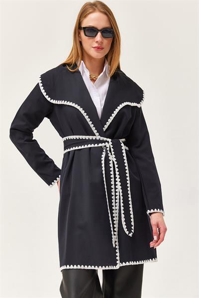 Çoban Dikişli Kuşaklı Hırka Siyah