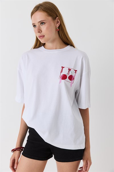 Kadın Bisiklet Yaka Kısa Kol Basic Tshirt Beyaz