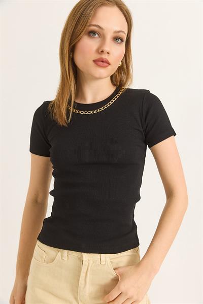 Bisiklet Yaka Zincir Detaylı Kaşkorse Bluz Siyah 