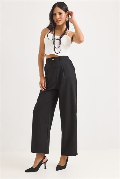 Yüksek Bel Bol Paça Pantalon Siyah